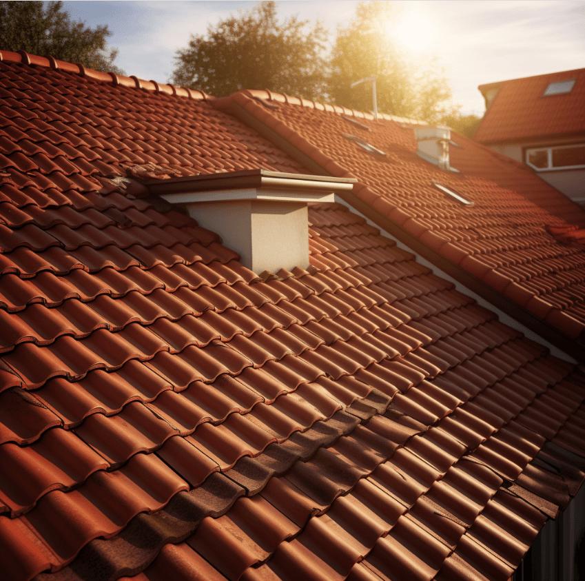 Composite tile roofing with natural clay look on a suburban house. The roofing material imitates the texture and color of ceramic tiles, creating a natural aesthetic while being more durable. Intricate shadows and light rays showcase the high quality architectural photography of the innovatively designed roof.